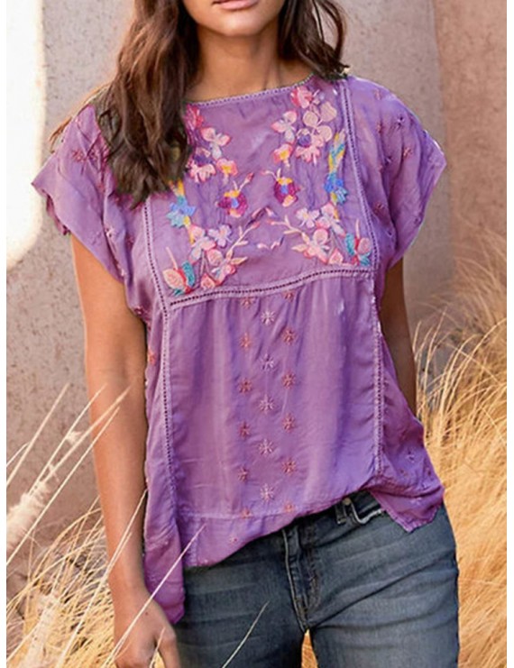 Casual Embroidery Floral Short Sleeve T-Shirt