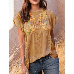 Casual Embroidery Floral Short Sleeve T-Shirt