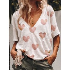 Heart Print V-neck Short Sleeve T-shirt