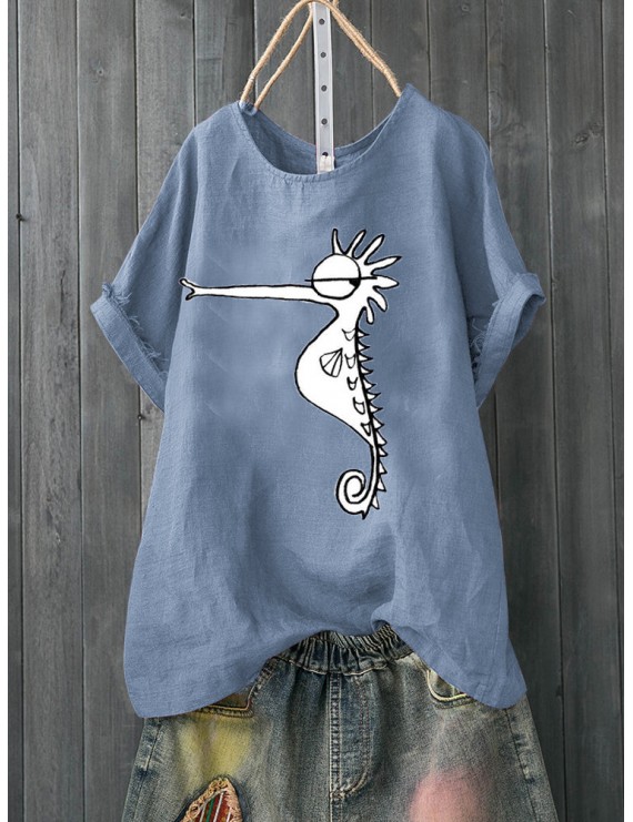 Casual Seahorse Print Short Sleeve Cute T-Shirt