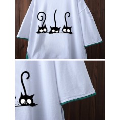 Cartoon Cats Print Distressed Casual Cute T-Shirt