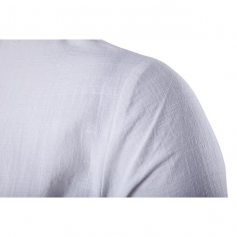 Mens Summer Linen Solid Color Short Sleeve T-shirt V-neck Button Top Tee