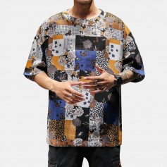 Mens Ethnic Style Pattern Printed Summer Short Sleeve Loose Fit Pullover T shirt