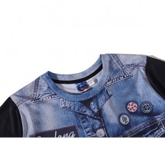 Mens Creative 3D Denim Jacket Printed Tops O-neck Short Sleeve Casual T-shirt