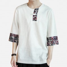Mens National Style Patchwork Printing Half Sleeve Casual Pullover T shirt