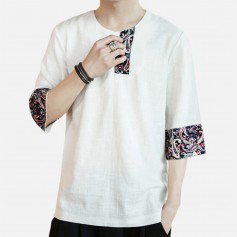 Mens National Style Patchwork Printing Half Sleeve Casual Pullover T shirt
