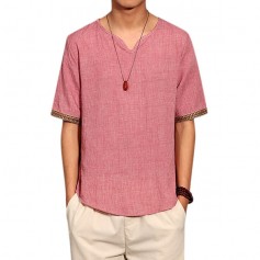 Mens Chinese Style Summer Linen Solid Color Short Sleeve T-shirt V-neck Top Tee