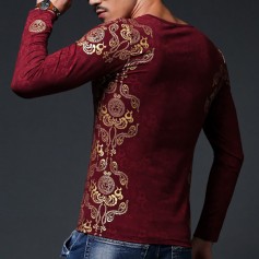 Mens Fashion Chinese Style Golden Printing Slim Fit Elastic T-shirt