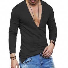 Mens Deep V-neck Buttons Breathable Solid Color Long Sleeve Casual Cotton T shirt