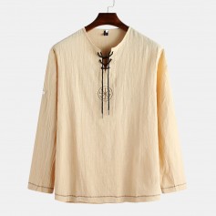Mens Fashion Chinese Style Embroidery Pattern Plain Long Sleeve Drawstring T-Shirt