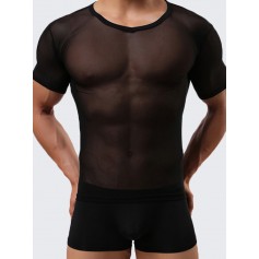 Mens Sexy Fitness Tops Perspective Tight Breathable Short sleeve Round Neck Sports T-shirt