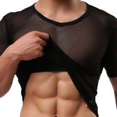 Mens Sexy Fitness Tops Perspective Tight Breathable Short sleeve Round Neck Sports T-shirt