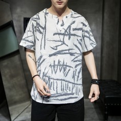 Mens Chinese Style Ink Graffiti Short Sleeve Loose Casual Pullover T shirt