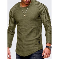 Mens Irregular Hem Cotton Breathable Solid Color O-neck Long Sleeve Slim Casual T Shirt