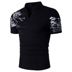 Mens Cotton Stylish Printed Stand Collar V-neck Short Sleeve Casual T shirt