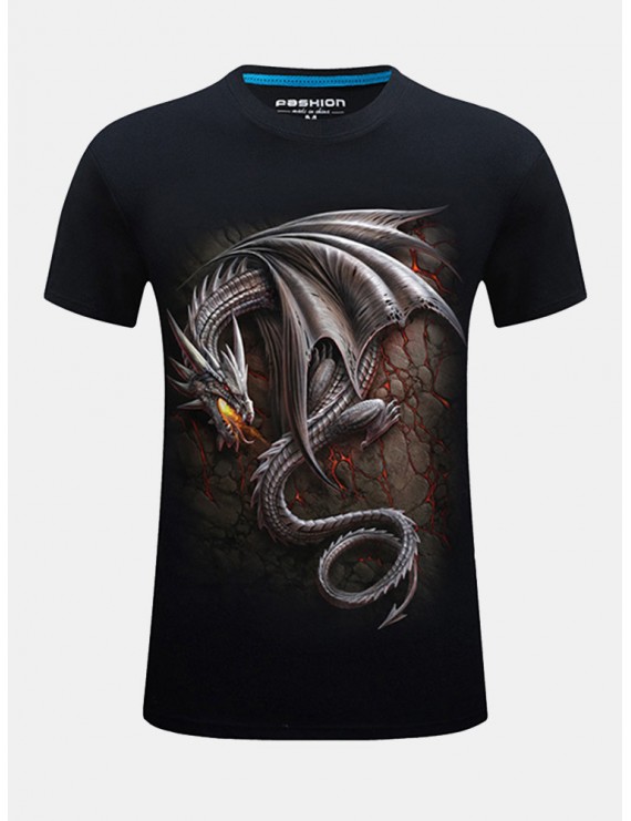 Mens Plus Size Fashion 3D Dragon Printing Short Sleeve O-neck Cotton T-shirt