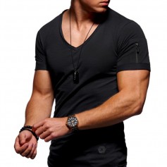 Mens Summer Zipper Design Breathable Solid Color O-neck Short Sleeve Slim Casual T Shirt