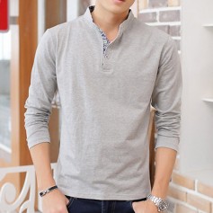 Mens Fashion Stand Collar Solid Long Sleeve Casual T-shirt