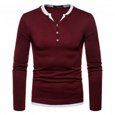 100% Cotton V-neck Long Sleeve Half Button Down T-shirt for Men