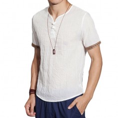 Mens Cotton Linen Chinese Style Retro Solid Color Summer Archaic T Shirt
