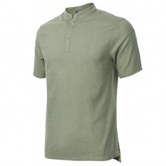 Summer Mens Plus Size Chinese Style Linen Breathable Short sleeved Stand Collar T Shirts