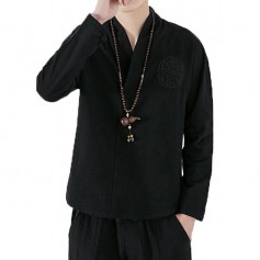 Mens Chinese Style Embroidery V-Neck Cotton T Shirts Casual Solid Color Long Sleeve Loose Tee Tops