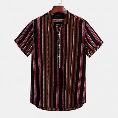 Mens Vintage Ethnic Stripe Printed Stand Collar Short Sleeve Casual Henley Shirt