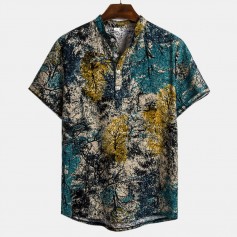 Mens Chinese Style Tie dyeing Printing Short Sleeve Loose Casual Henley Shirts