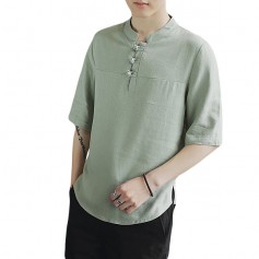 Summer Chinese Style Cotton Linen Stand Collar Solid Color Loose Casual Buttons T Shirts for Men