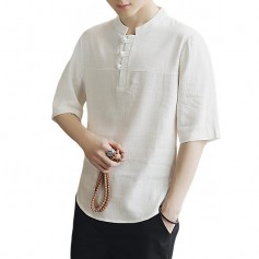 Summer Chinese Style Cotton Linen Stand Collar Solid Color Loose Casual Buttons T Shirts for Men