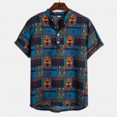 Mens Ethnic Style Abstract Printing Short Sleeve Summer Casual Loose Henley Shirt