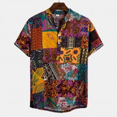 Mens Ethnic Style Printing Colorblock Short Sleeve Loose Casual Henley Shirts