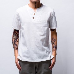 Mens Chinese Style Cotton Linen Solid Color Vintage Casual Short Sleeve T shirt