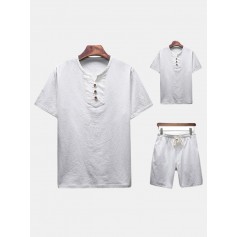 Mens Summer Thin Sets Vintage Solid Color Suits Linen Short-sleeve T Shirt and Shorts
