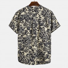 Mens Summer Casual Chinese Style Printed Stand Collar Short Sleeve Shirt