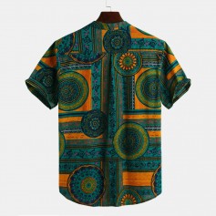 Mens Ethnic Style Printed Cotton Breathable Summer Short Sleeve Buttons Fly Henley Shirts