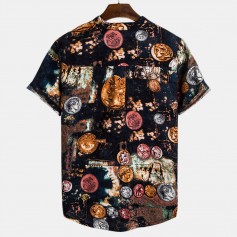 Mens Ethnic Style Funny Coins Printed Short Sleeve Loose Casual Henley Shirts