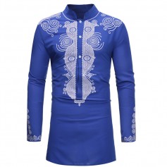 Mens African Ethnic Style 3D Printed Stand Collar Long Sleeve Mid Long Casual T Shirts