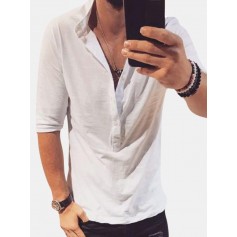 Mens Casual Henry Collar Solid Color Slim Half Sleeve T-Shirts