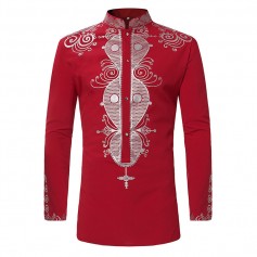 Mens 3D Printed African Ethnic Style Stand Collar Long Sleeve Mid Long Casual T Shirts