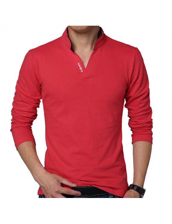 HOT SALE Mens Fashion V-neck Collar Solid Color Long Sleeve Casual T shirt