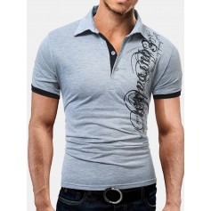 Letter Printed Turn-down Collar Short Sleeve Slim Fit Casual Golf Shirts for Men