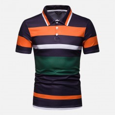 Mens Multi Color Striped Turn Down Collar Short Sleeve Comfy Golf Shirts