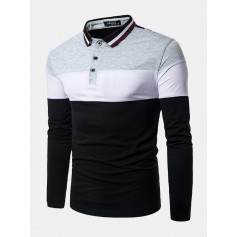Mens Hit Color Casual Golf Shirt Printed Turn-down Collar Long Sleeve Cotton Tops