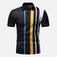 Mens Multi Color Stripe Printed Turn Down Collar Short Sleeve Loose Golf Shirts