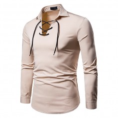 Mens Fashion Drawstring Solid Color Tees Turndown Collar Long Sleeve Casual Cotton T Shirts
