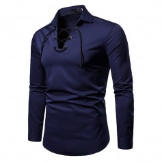 Mens Fashion Drawstring Solid Color Tees Turndown Collar Long Sleeve Casual Cotton T Shirts