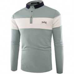 Mens Fashion Striped Hit Color Turn-down Collar Long Sleeve Casual Cotton Golf Shirt