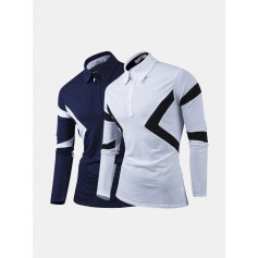 Hit Color Retro Henry Collar Slim Long Sleeve Golf Shirts for Men