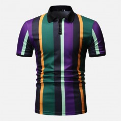 Mens Multi Color Stripe Printed Turn Down Collar Short Sleeve Loose Sport Golf Shirts